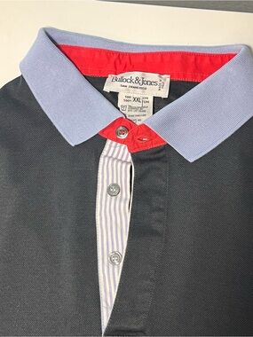 Bullock & Jones Men's Black Polo Shirt with Light Blue Collar and Red Trim XXL
